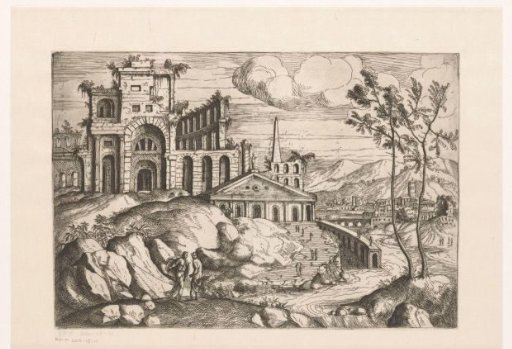 Landscape with Ruins and Fantastical Architecture on Flowing Water with a Waterfall