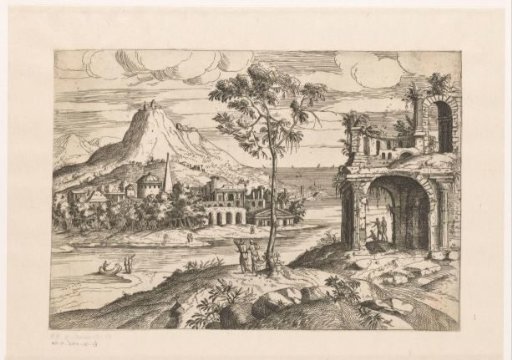 Landscape with Ruins on the Water and Urban Buildings and a Mountain Landscape on the Opposite Bank