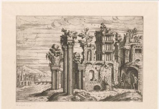 Landscape with Ruins on the Water and Climbing Figures