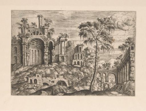 Landscape with Ruins and Fantastical Architecture and a Tree in the Foreground