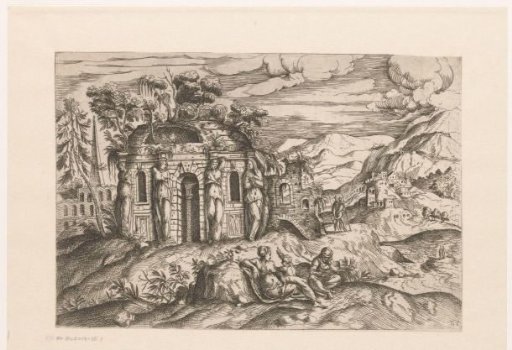Landscape with Ruins and Fantastical Architecture and Two Women with a Child in the Foreground