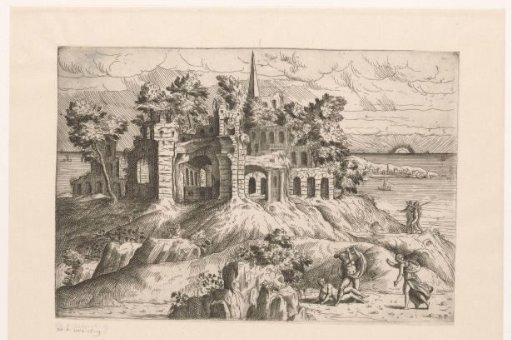 Landscape with Ruins on the Water and a Rising or Setting Sun