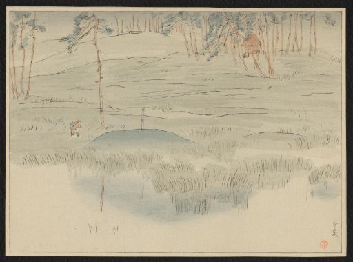 Traveler in a landscape with a temple near the place Hiraizumi
