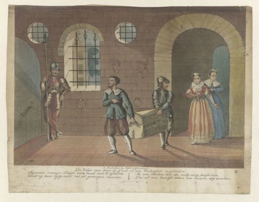 The book chest in which Hugo Grotius is hidden is carried to the rowboat at Loevestein Castle, 1621