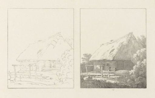 Album leaf with two depictions of a farmhouse: left the design, right the execution