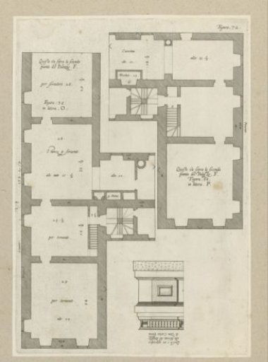 Floor plan of the entresol of the Palazzo Spinola and detail of the elevation of the facade of the Palazzo Doria-Tursi in Genoa