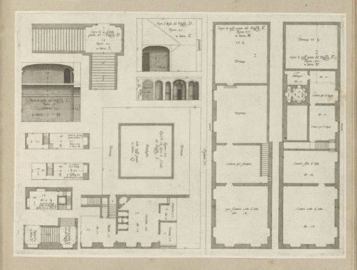 Floor plans and elevations of the Villa Spinola di San Pietro, Villa Grimaldi, Palazzo Spinola and Palazzo Rostan Raggio in Genoa