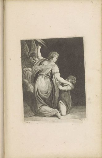 Angel with a kneeling woman and child, possibly Hagar and Ishmael