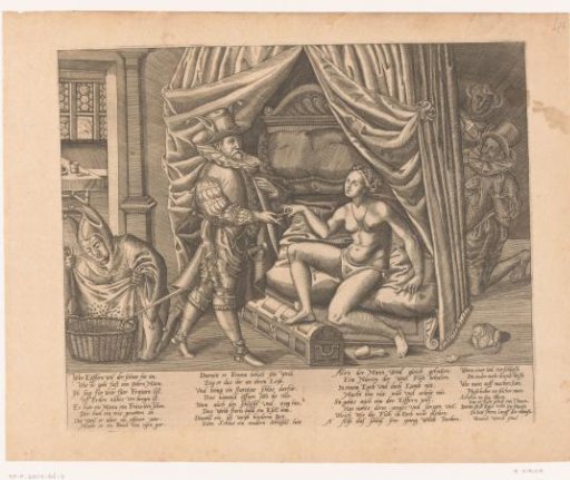Allegory with a man putting a chastity belt on a woman
