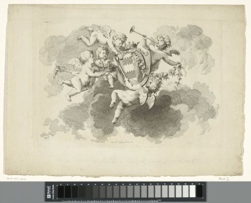 Five putti in the clouds with a coat of arms