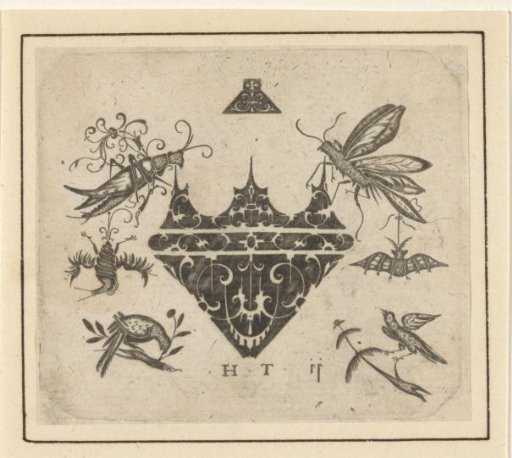 Ornament for gold- and silversmiths' work with birds, insects and figures