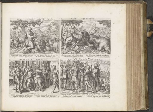 David playing his harp / David slaying the lion and the bear / David anointed by Samuel / David speaking with soldiers about Goliath