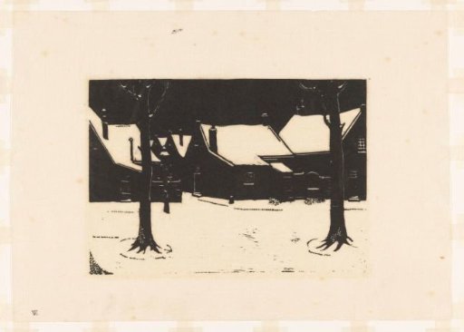 Snow-covered square with two trees