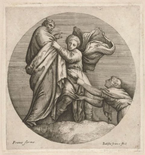 A woman pulls the cloak of a young man who clings to a wise man