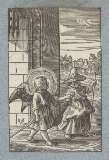 Angel takes a child dressed as a pilgrim by the hand