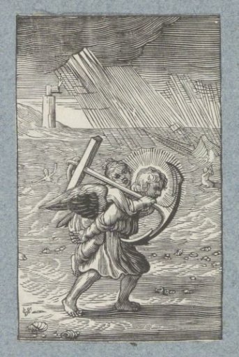 Angel carrying a child with an anchor on his back