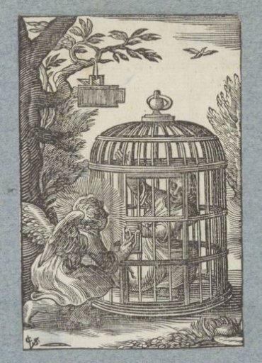 Angel frees a child from captivity in a cage