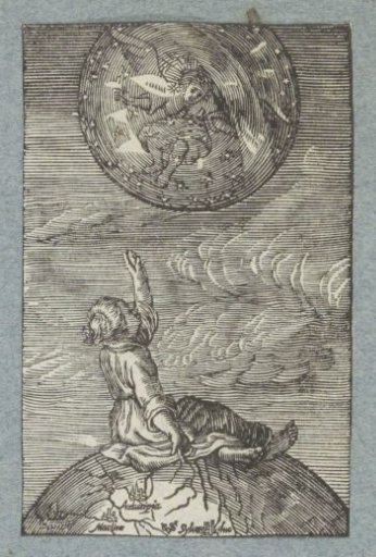 Child sitting on a globe looking at an angel on a celestial globe