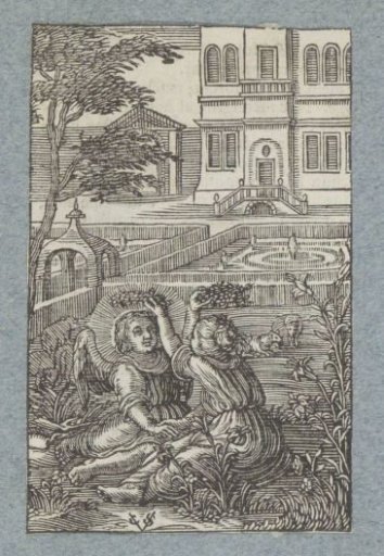 Angel and child crowning each other with a wreath of flowers