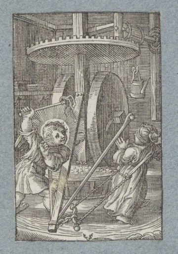 Angel driving a blindfolded child with a whip before him in a treadmill