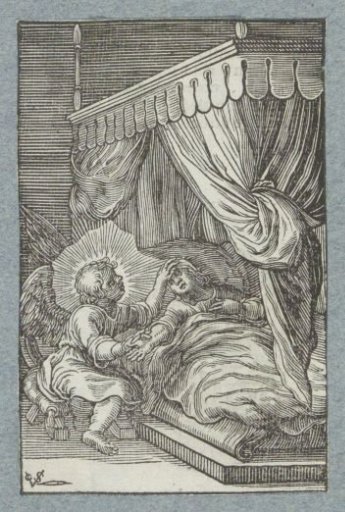 Sick child lying in bed and being cared for by an angel