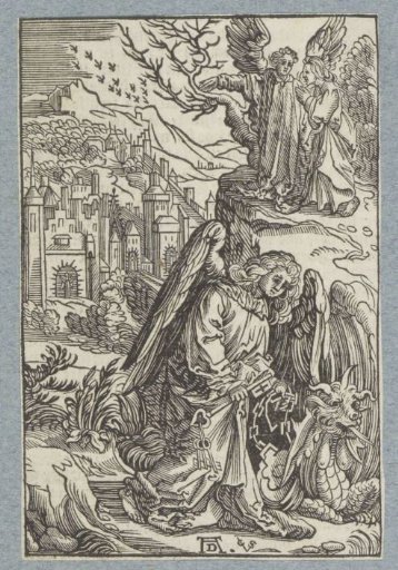 An angel casts a dragon into a pit; an angel shows John the Evangelist the New Jerusalem