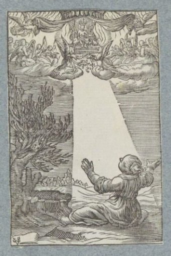 Child on earth sitting in light rays of a throning angel in heaven