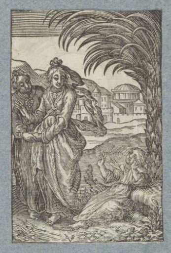 Two women by a child with an arrow in the breast