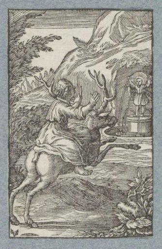 Child riding on a stag at a fountain with angel
