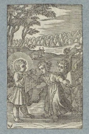 Child between two angels with tablets of the law