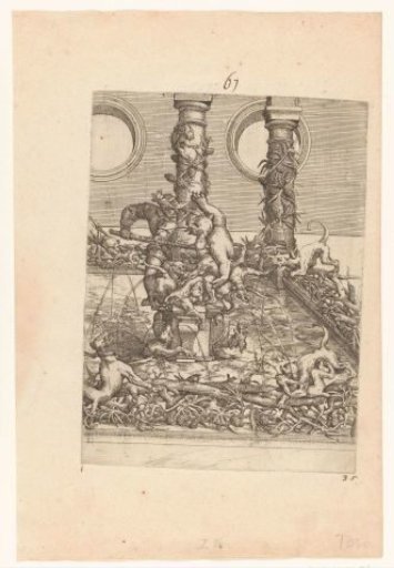 Fantastical fountain with a hunter and dogs fighting a bear