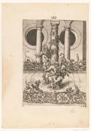 Fantastical fountain with a hunter and dogs fighting a wild boar