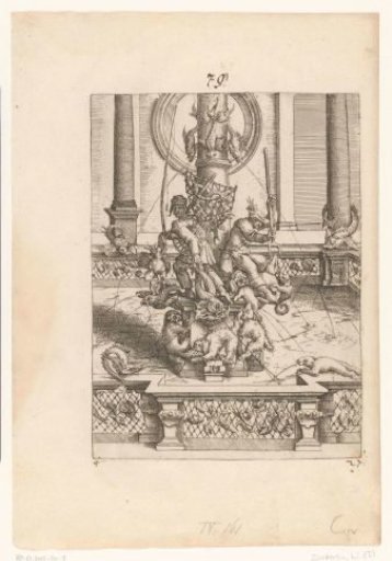 Fantastical fountain with a fisherman, a hunter, and dogs fighting a badger