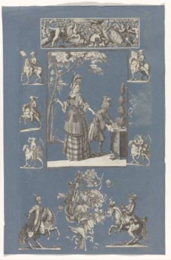 Collage of cut-out prints pasted on a blue paper album page