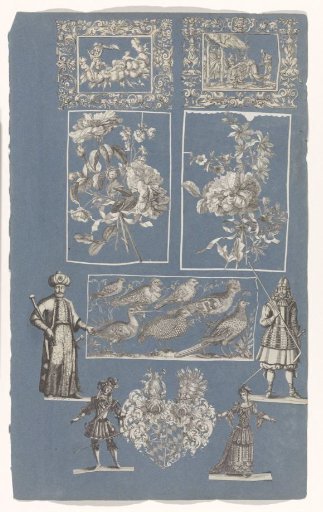 Collage of cut-out prints pasted on a blue paper album page