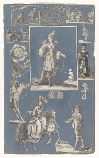 Collage of cut-out prints pasted on a blue paper album page