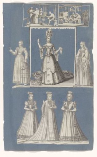 Collage of cut-out prints pasted on a blue paper album page