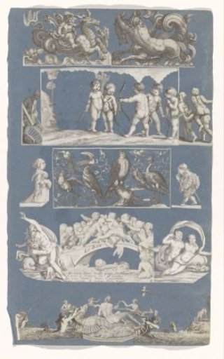 Collage of cut-out prints pasted on a blue paper album page