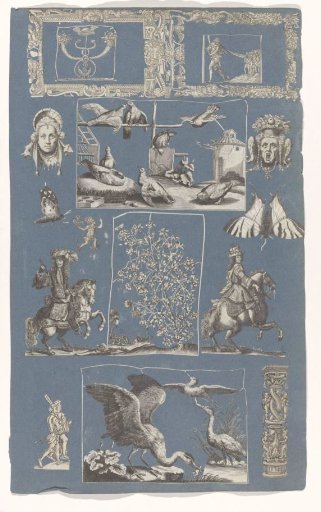 Collage of cut-out prints pasted on a blue paper album page