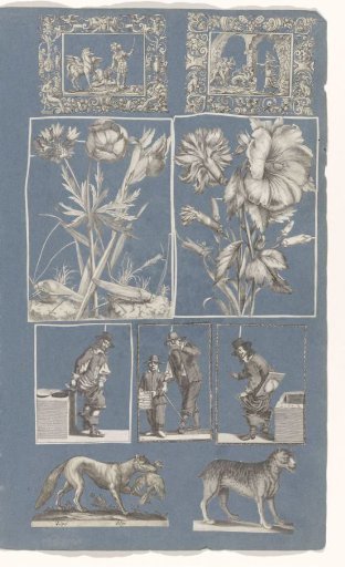 Collage of cut-out prints pasted on a blue paper album page