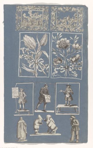 Collage of cut-out prints pasted on a blue paper album page