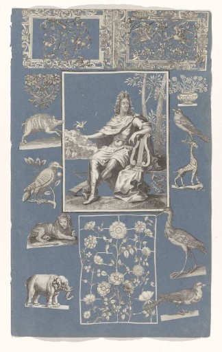 Collage of cut-out prints pasted on a blue paper album page