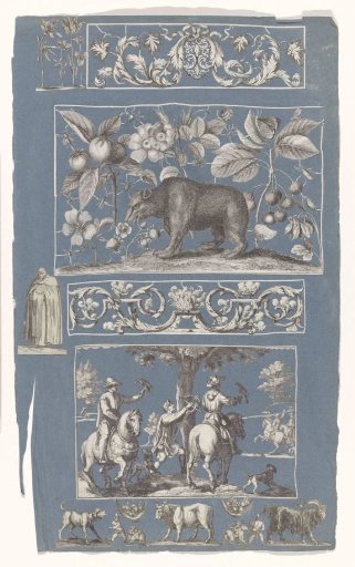Collage of cut-out prints pasted on a blue paper album page