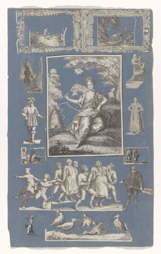 Collage of cut-out prints pasted on a blue paper album page