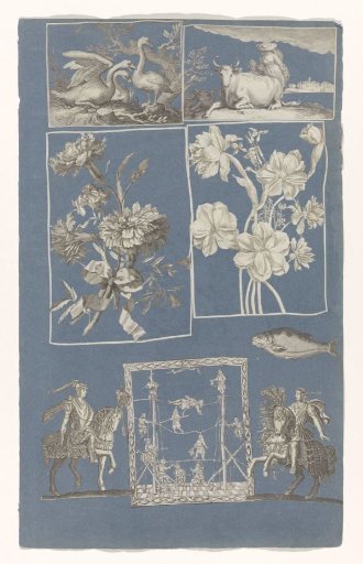 Collage of cut-out prints pasted on a blue paper album page