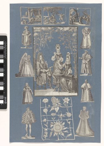 Collage of cut-out prints pasted on a blue paper album page
