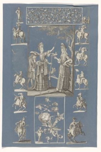 Collage of cut-out prints pasted on a blue paper album page