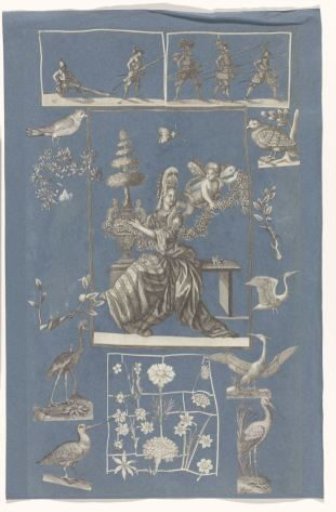 Collage of cut-out prints pasted on a blue paper album page