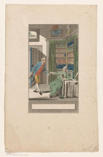 Two Men in Conversation in a Library