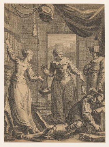 Four figures in a room with books